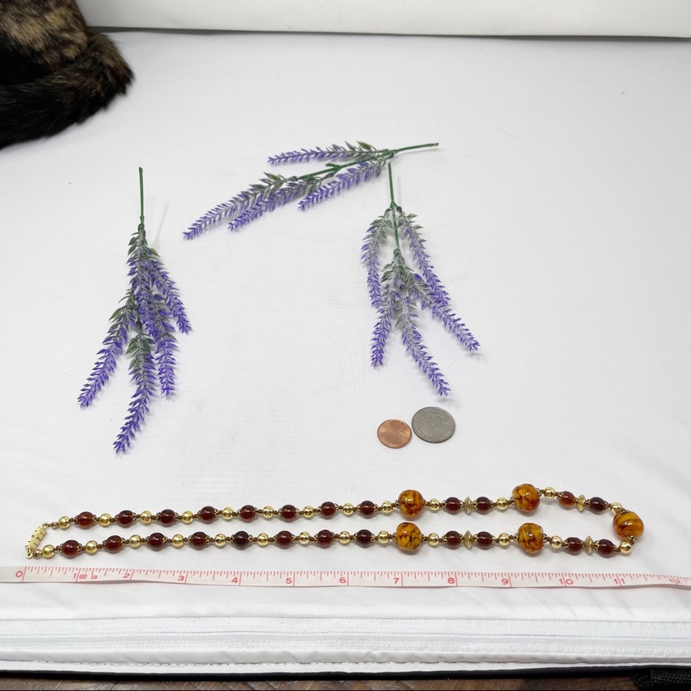 Vintage Art Glass Amber & Gold Beaded Barrel Closure Necklace - Picture 2 of 4